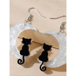 NEW! Moon & Black Cat Pearlized Dangle Drop Earrings Witch Costume Whimsical